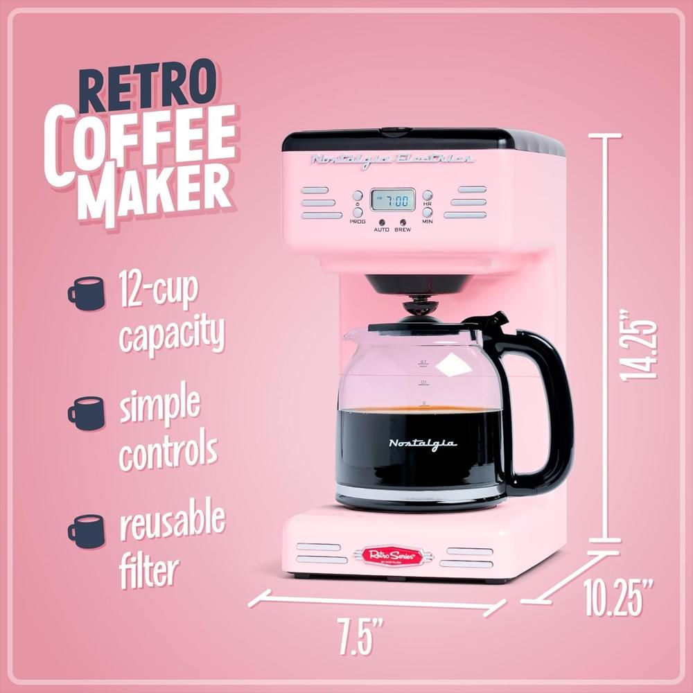 1 Cafetera Nostalgia Metal/Plástico Rosa Pantalla Led Programable Apagado Automático Mantiene Calor 12 Tazas (43 Cm) img #2