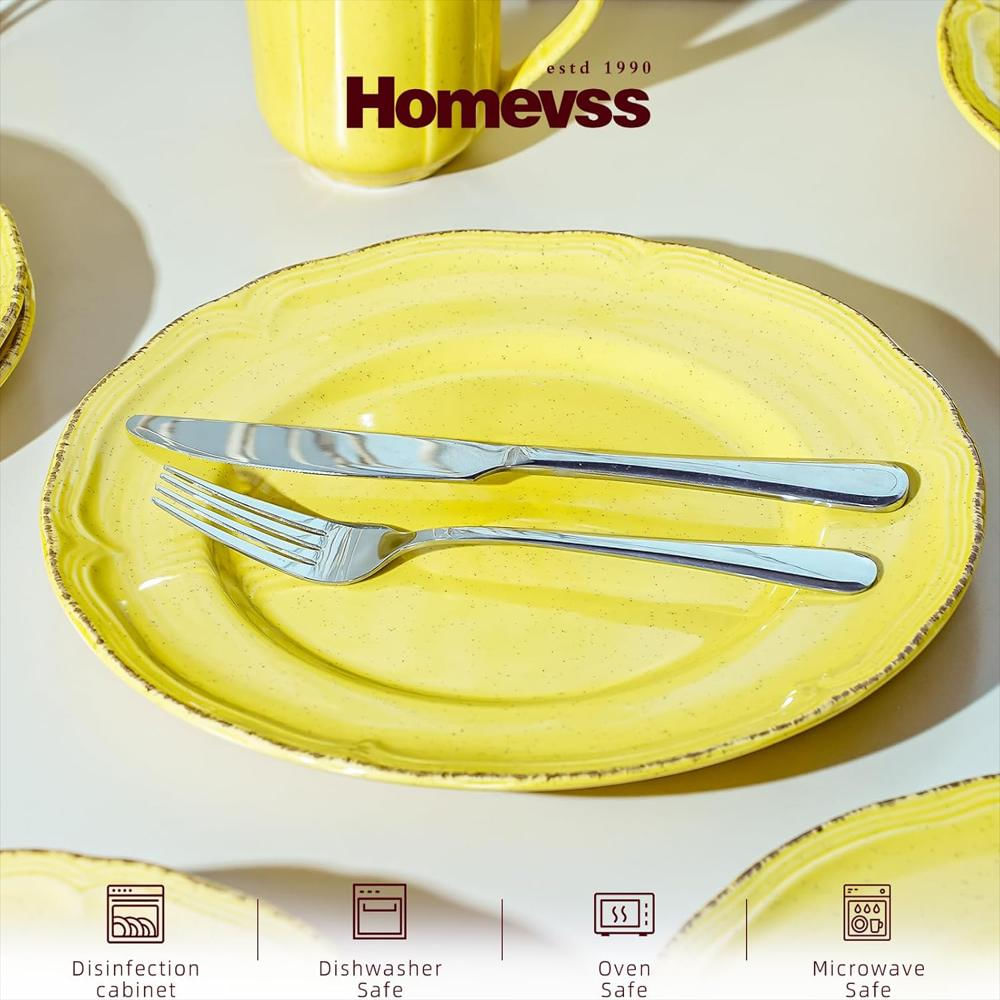 Vajillas Homevss Juego 20 Pzas Gres Amarillo Antiguo Moteado Apto Microondas Lavavajillas 10.5/8/8.9/4 13Oz img #3