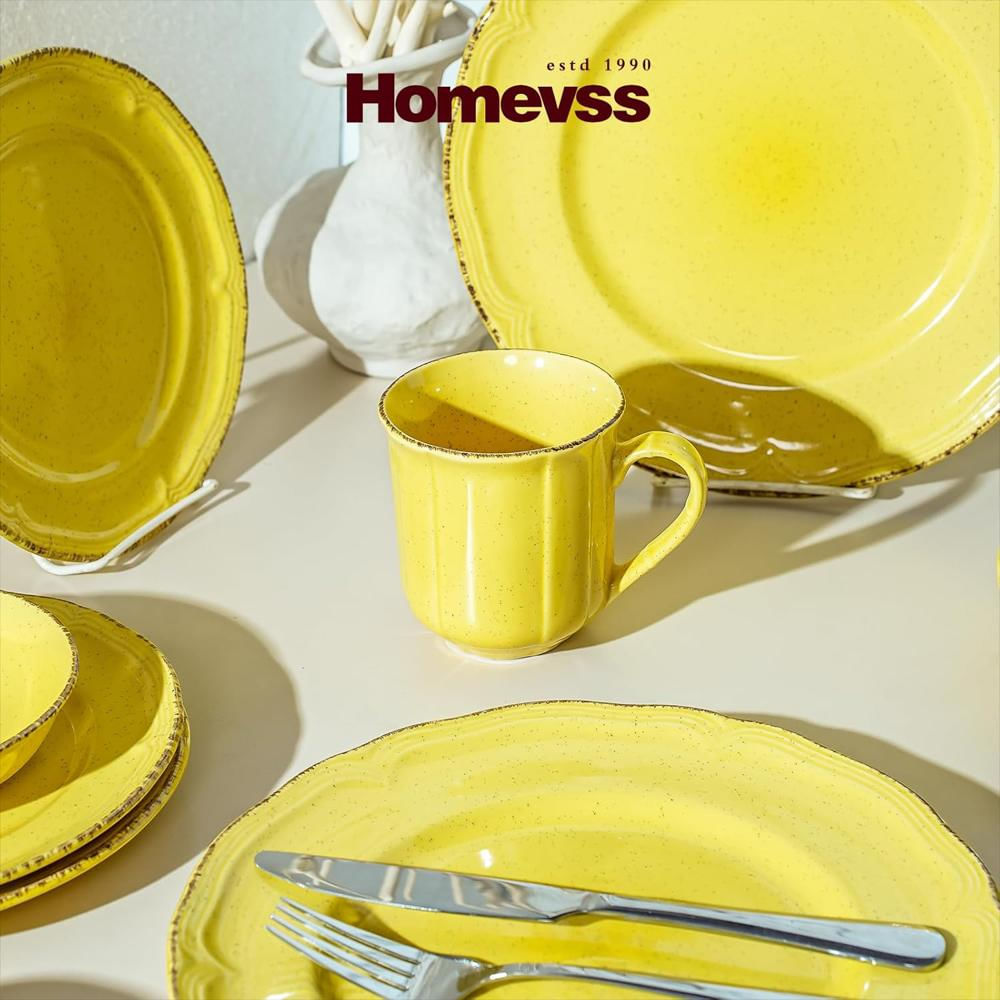 Vajillas Homevss Juego 20 Pzas Gres Amarillo Antiguo Moteado Apto Microondas Lavavajillas 10.5/8/8.9/4 13Oz img #4