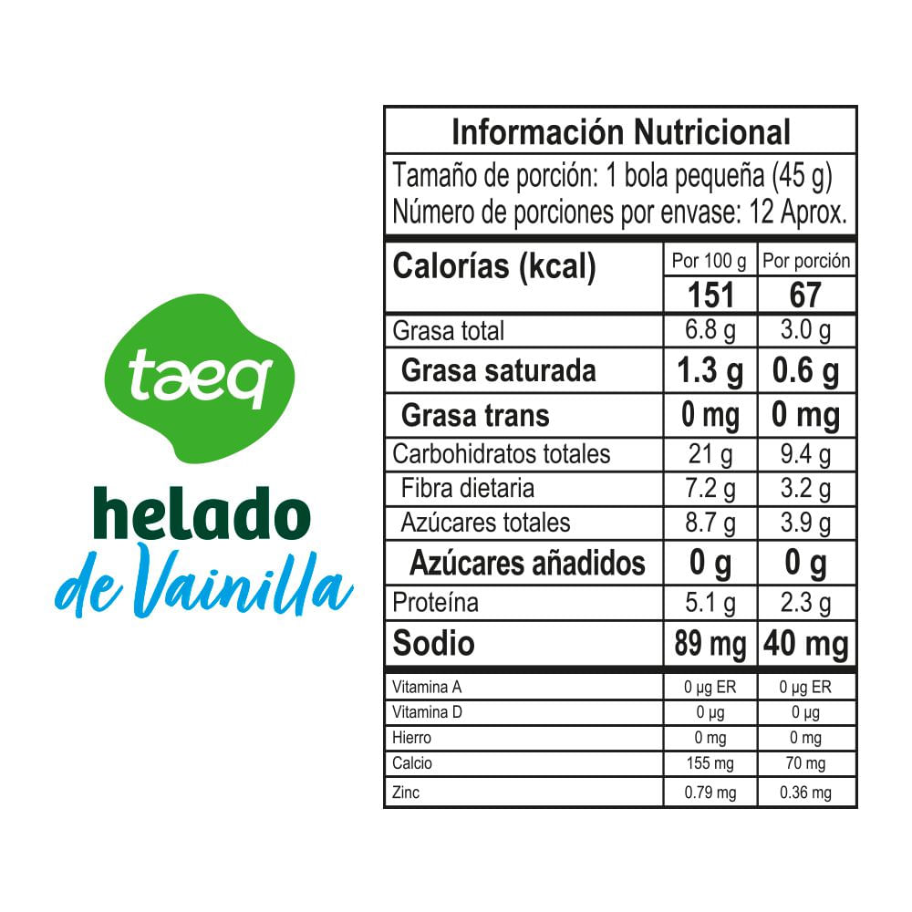 Helado TAEQ de vainilla endulzado con stevia (560  gr) img #2