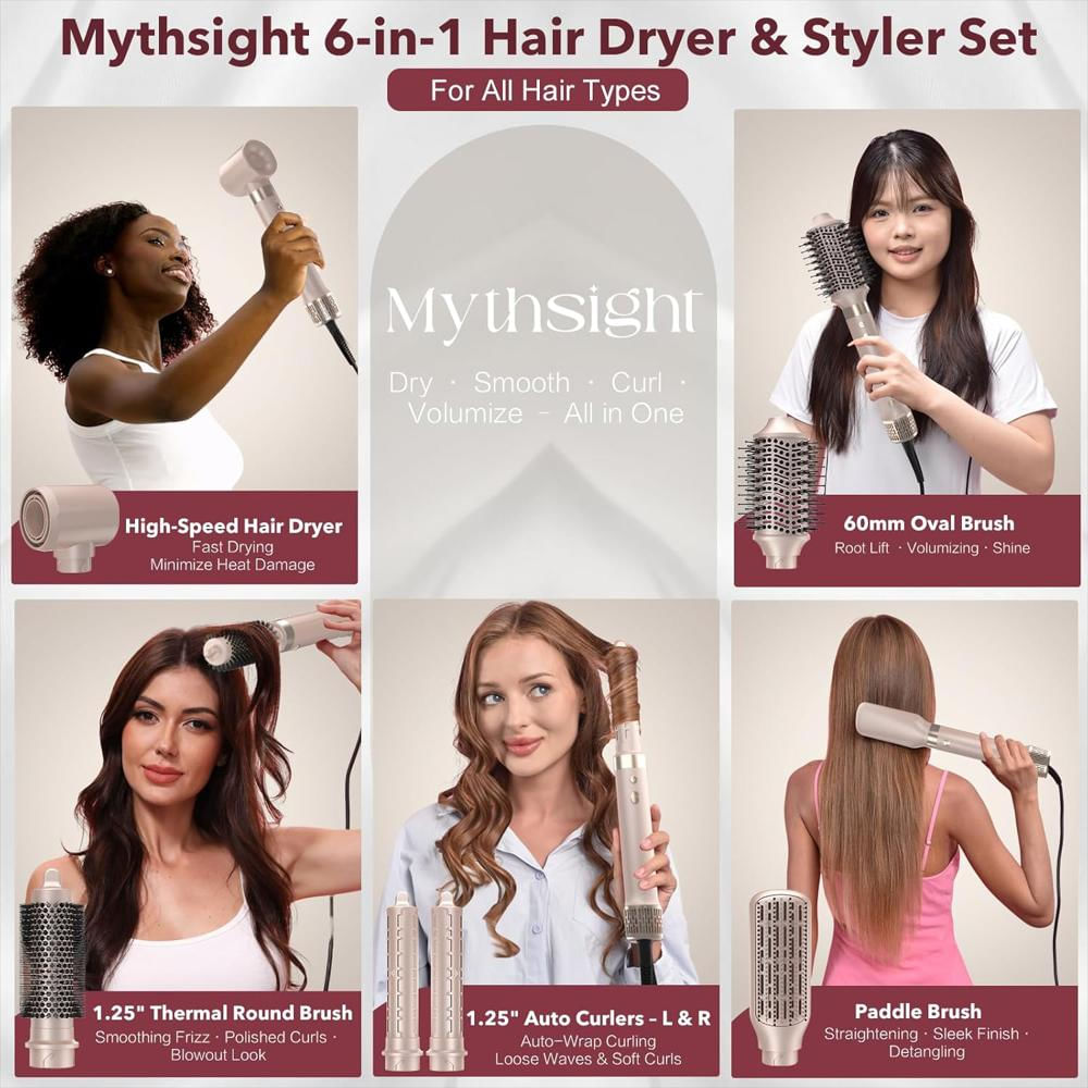 Secador De Cabello Mythsight 6 En 1 Con Cepillo Térmico Y Rulos Enrollables Automáticos img #2