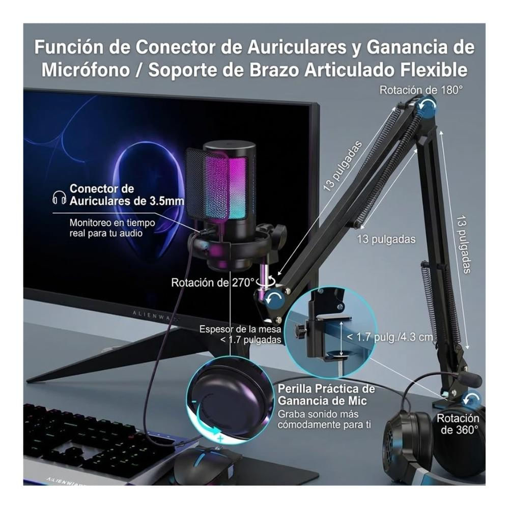 Micrófono Usb Rgb Gamer Con Brazo Para Streaming Pro img #5