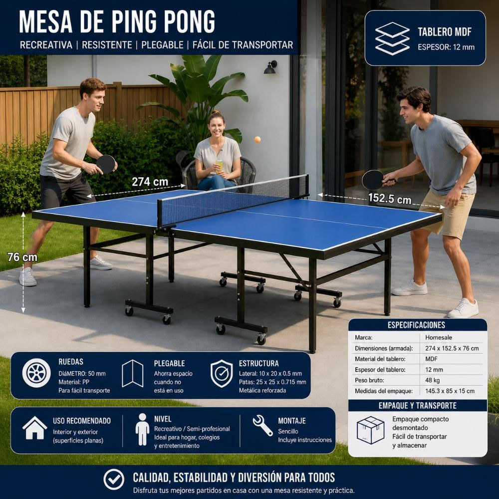 Mesa De Ping Pong Profesional 12Mm Color Azulclaro Con Rueda img #2
