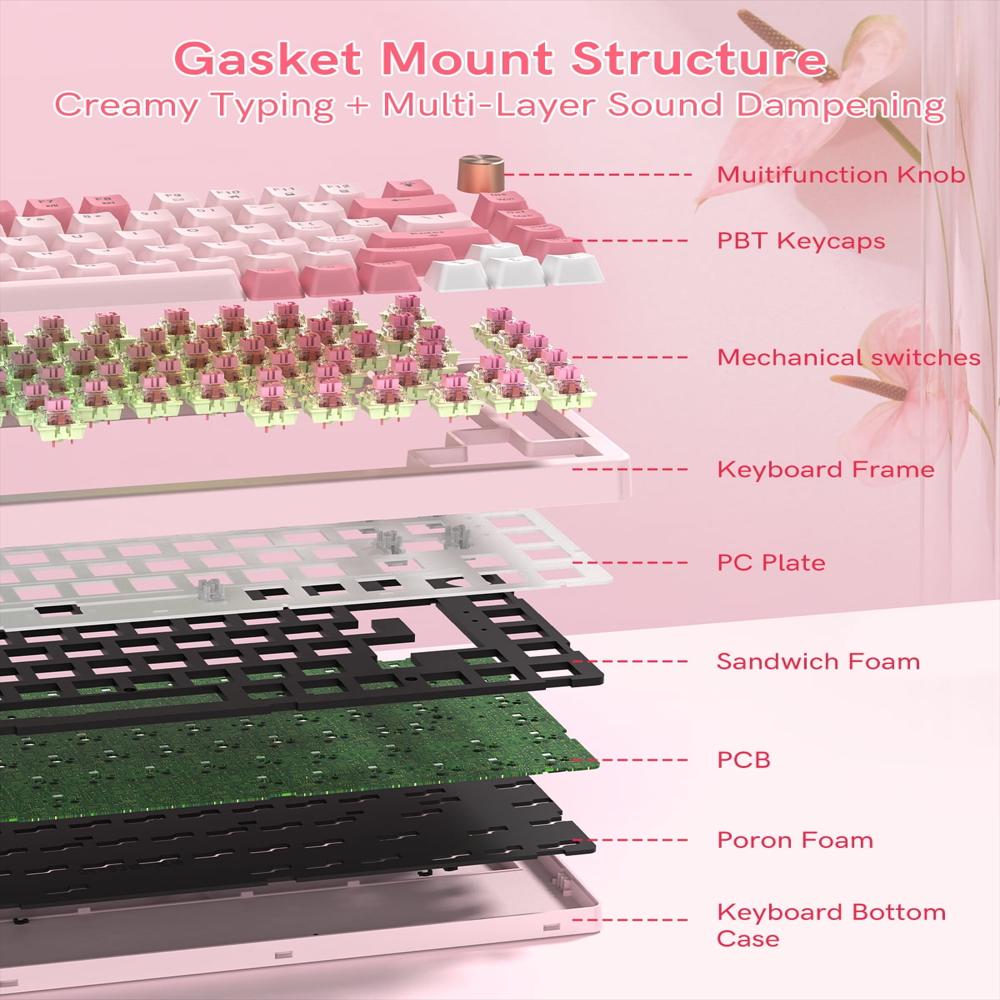Teclado Mecánico Costom Vk75 75% Con Perilla Rgb Rosado img #2