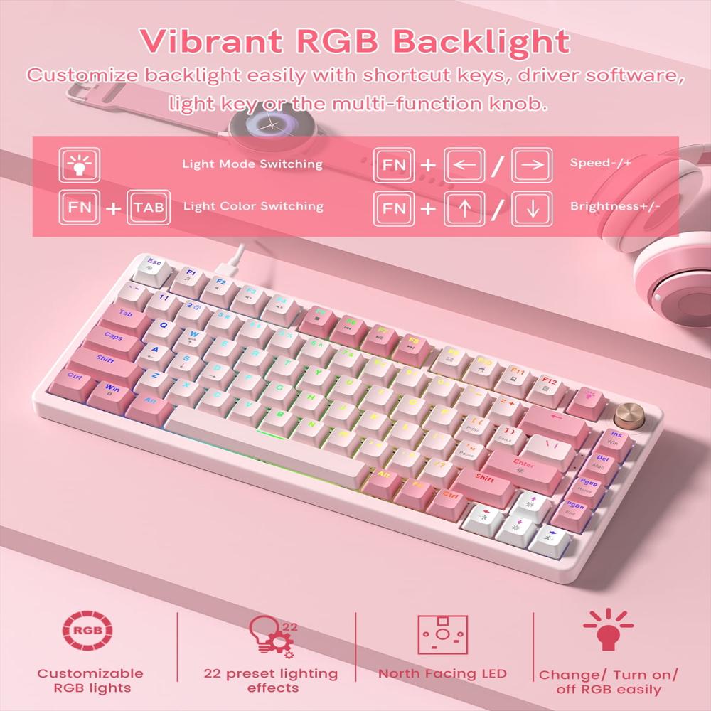 Teclado Mecánico Costom Vk75 75% Con Perilla Rgb Rosado img #3