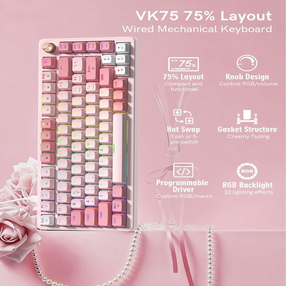 Teclado Mecánico Costom Vk75 75% Con Perilla Rgb Rosado img #5
