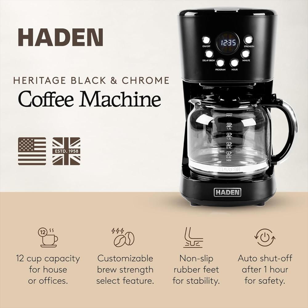 Cafetera Haden Programable 12 Tazas Filtro Reutilizable Apagado Automático Negro Y Cromado img #2