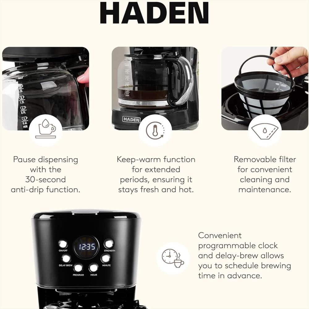 Cafetera Haden Programable 12 Tazas Filtro Reutilizable Apagado Automático Negro Y Cromado img #3