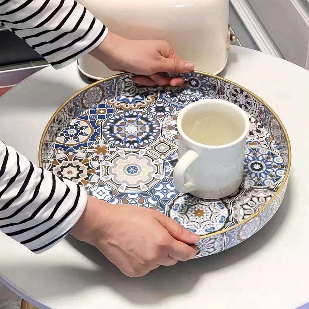 Bandeja Redonda Con Asas De Melamina Para Servir Diseño Mandala En Tonos Azules img #5