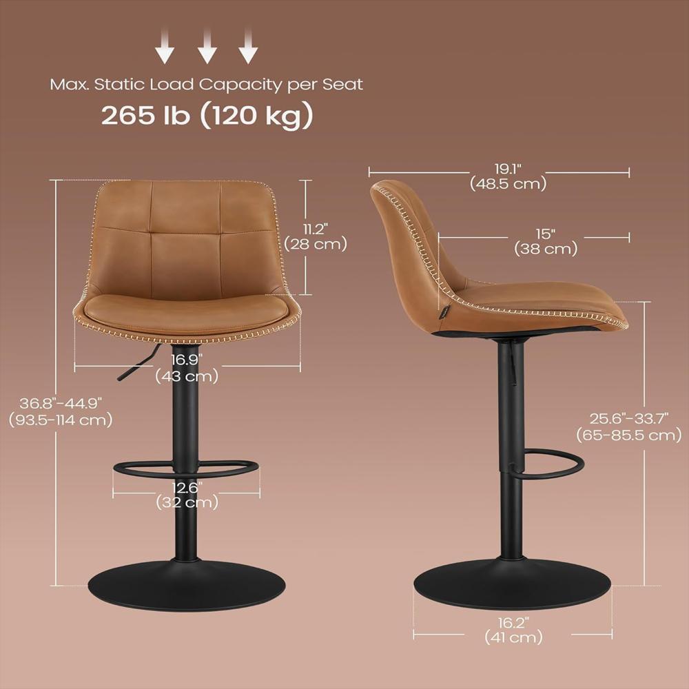 Taburete De Bar Vasagle Giratorio Ajustable Cuero Sintético Marrón Caramelo Set De 2 img #3