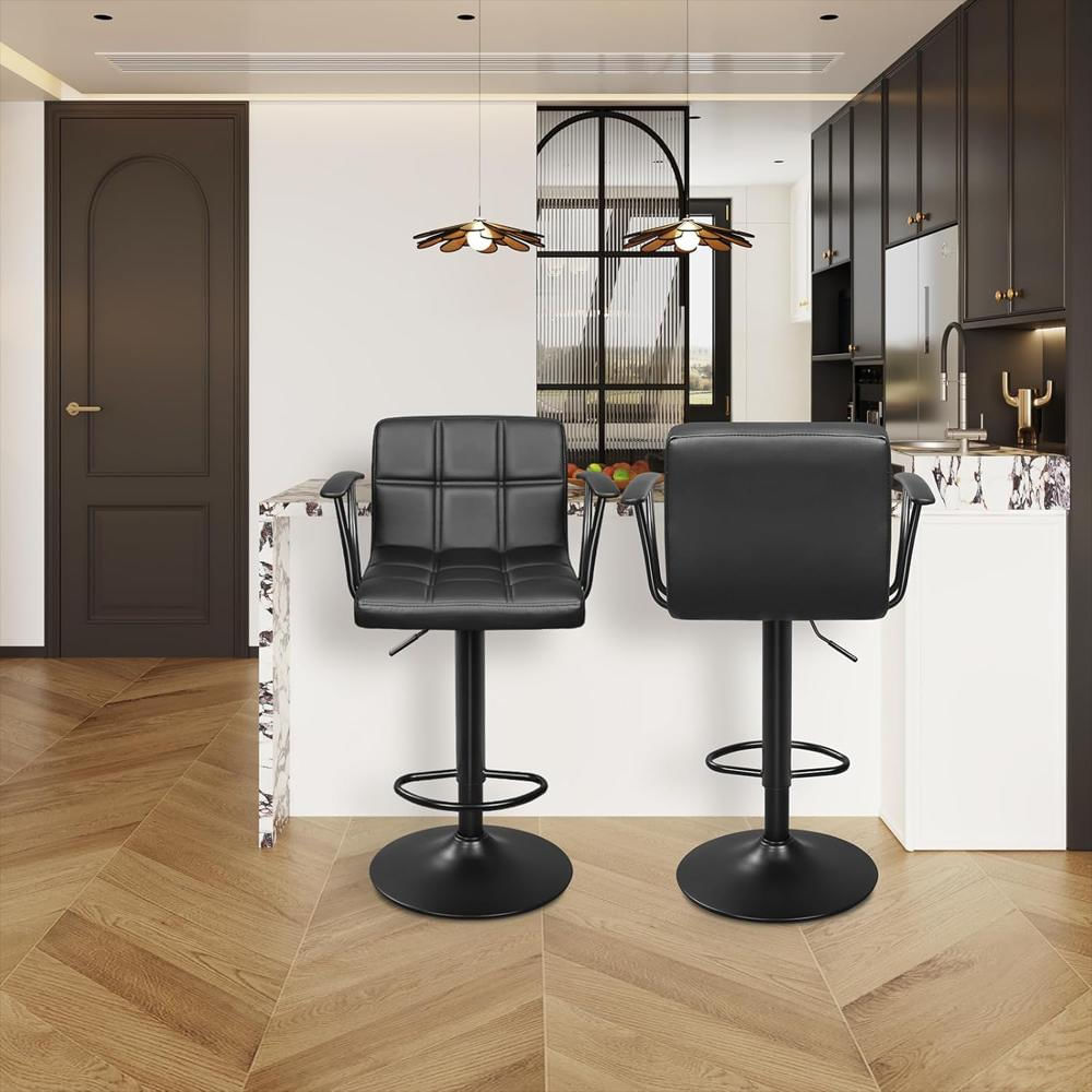 Taburete Bar Ergoseat Giratorio Ajustable Cuero Pu Negro Reposabrazos Respaldo 2 Piezas img #2