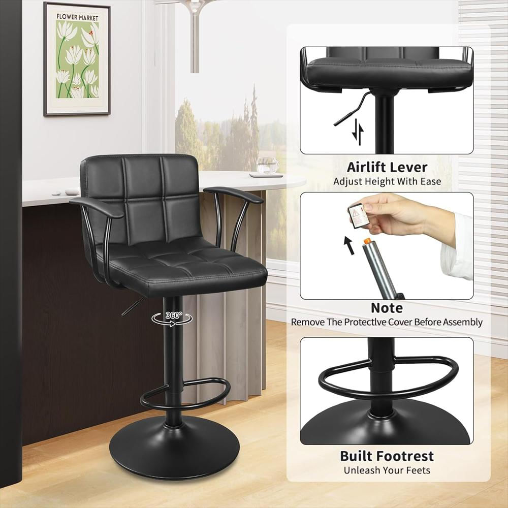 Taburete Bar Ergoseat Giratorio Ajustable Cuero Pu Negro Reposabrazos Respaldo 2 Piezas img #5