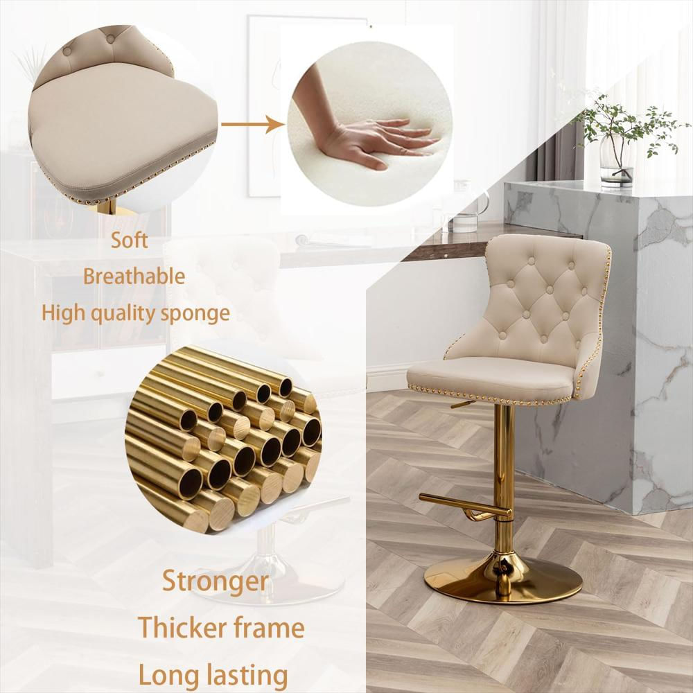 Taburete De Bar Riknuxi Terciopelo Beige Altura Ajustable Giratorio Con Respaldo Ergonómico img #4