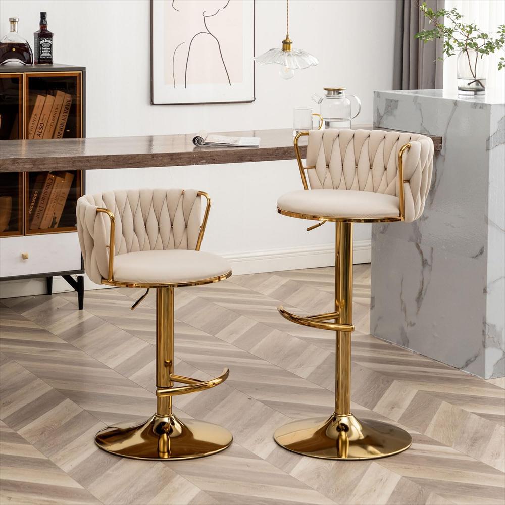 Taburete De Bar Cinxzar Terciopelo Dorado Giratorio Con Respaldar Ajustable img #2