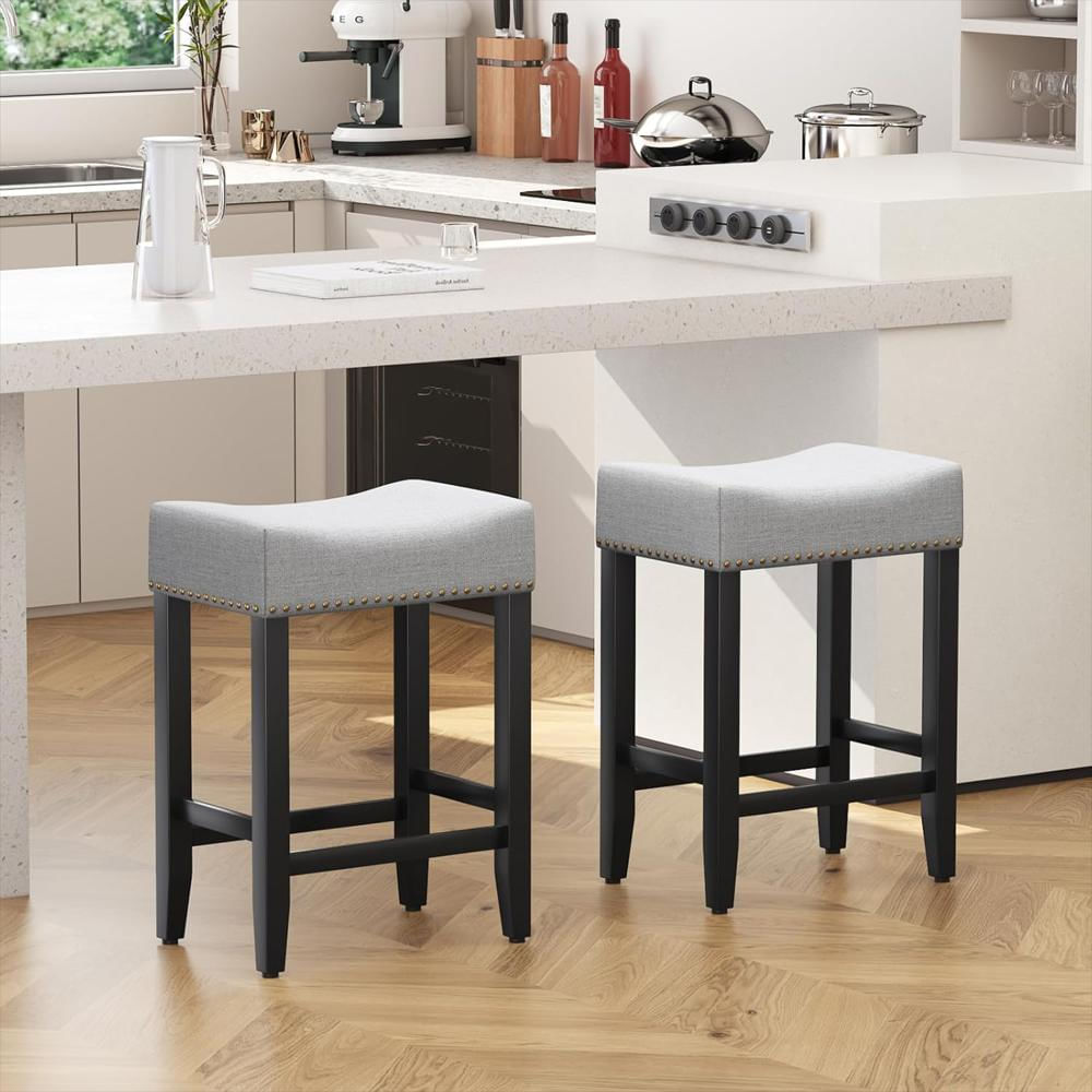Taburete De Bar Furniliving Tapizado Lino Patas Madera Maciza Altura 66 Cm Ergonomía Diseño Sillín img #2