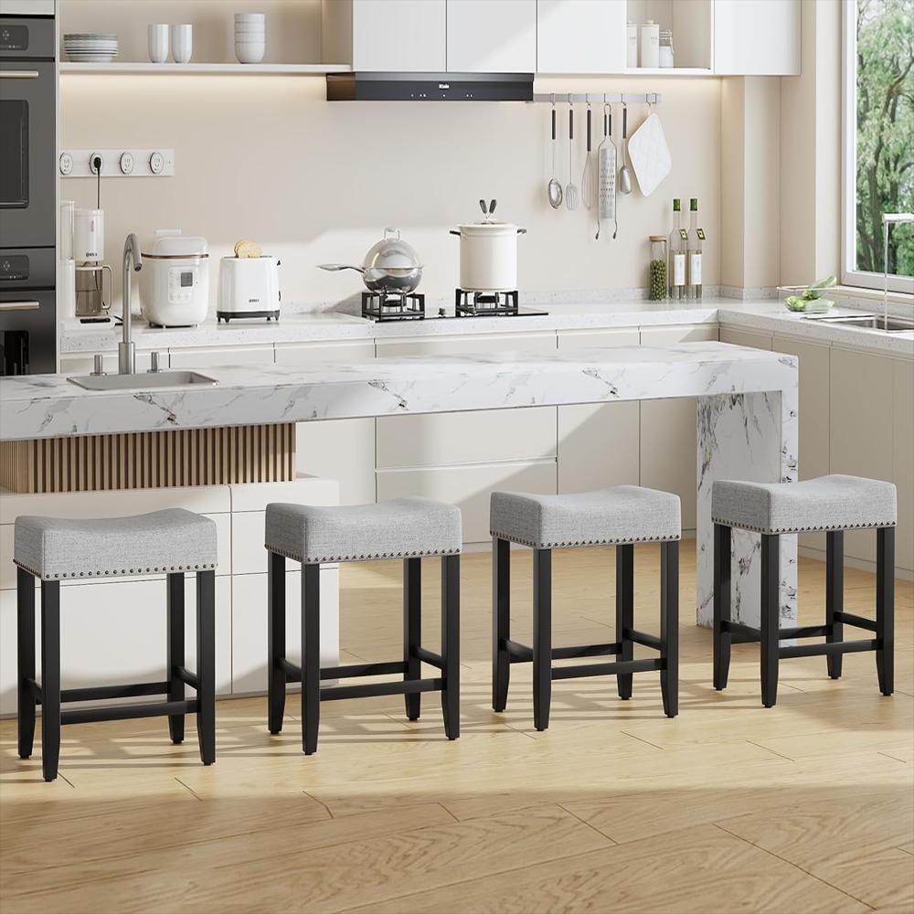 Taburete De Bar Furniliving Tapizado Lino Patas Madera Maciza Altura 66 Cm Ergonomía Diseño Sillín img #4