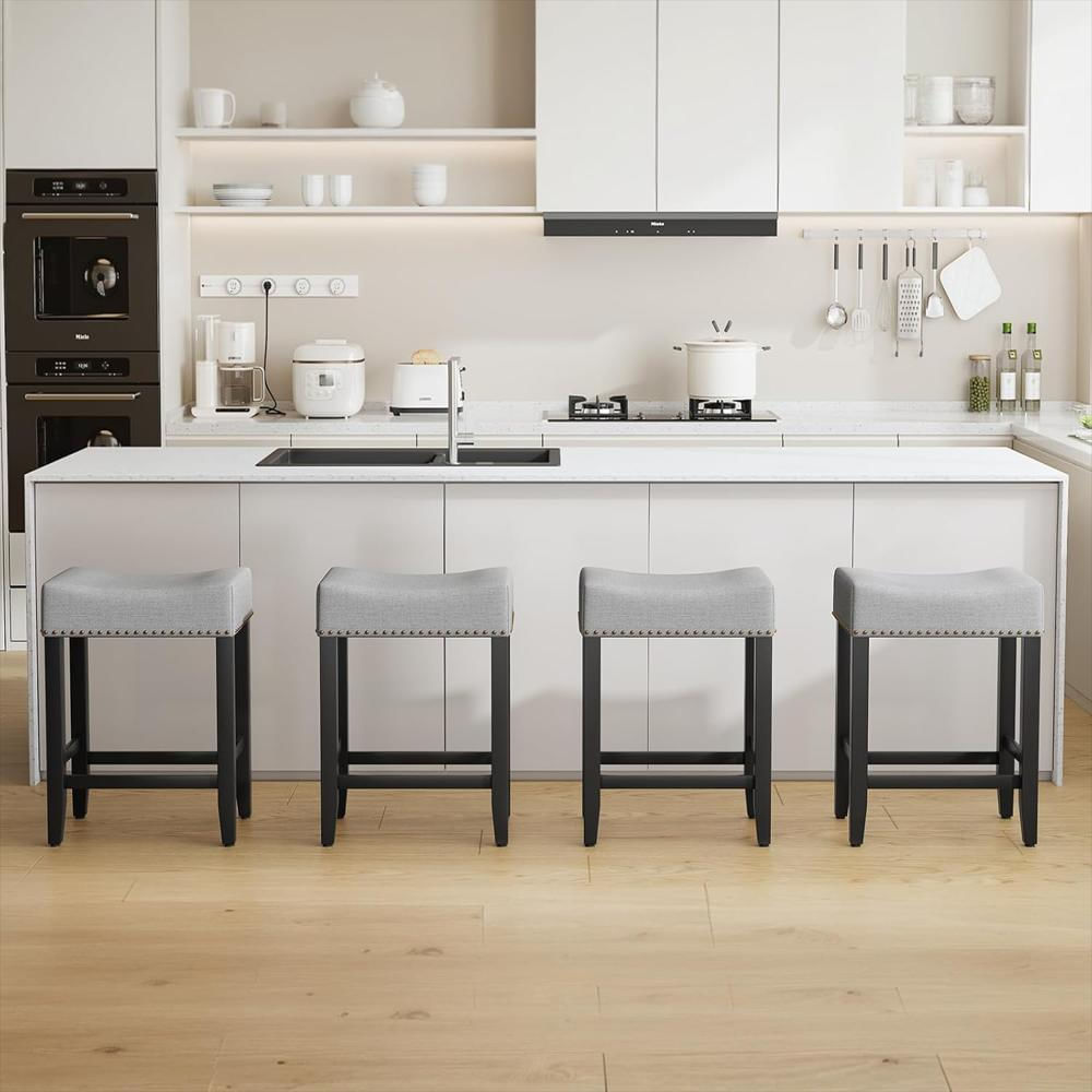 Taburete De Bar Furniliving Tapizado Lino Patas Madera Maciza Altura 66 Cm Ergonomía Diseño Sillín img #5