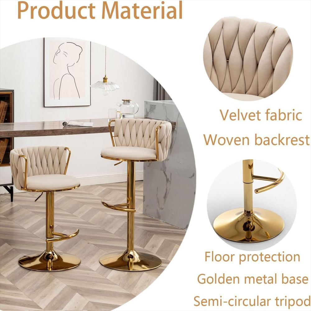 Taburete De Bar Riknuxi Terciopelo Beige Giratorio Con Respaldo Bajo Set De 3 img #5