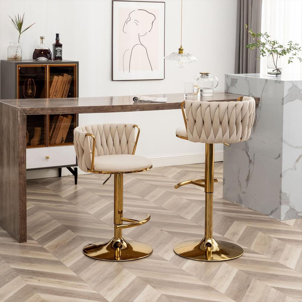 Taburete De Bar Riknuxi Terciopelo Beige Respaldo Bajo Giratorio Acabado Dorado img #2