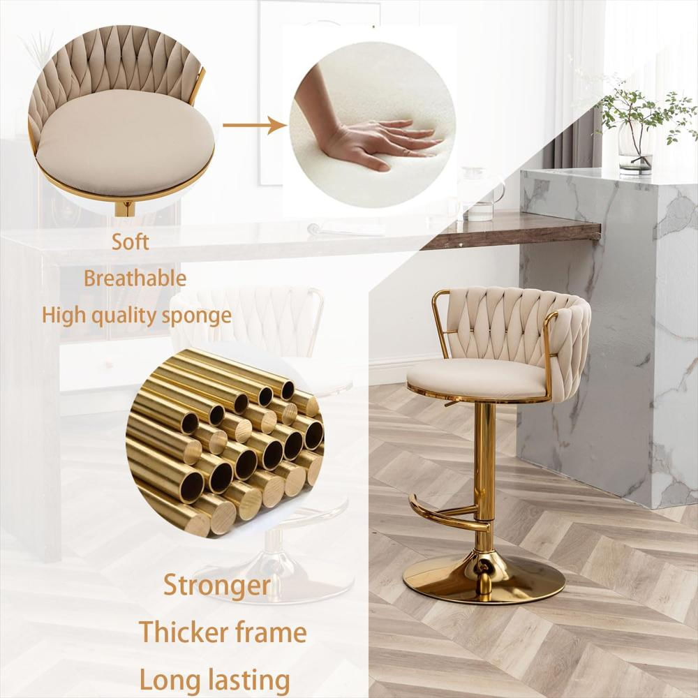 Taburete De Bar Riknuxi Terciopelo Beige Respaldo Bajo Giratorio Acabado Dorado img #5
