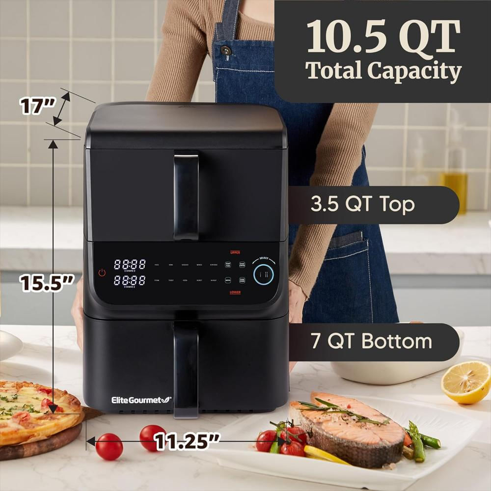 Freidora De Aire Elite Gourmet Doble Apilada 10.5 Cuartos Cestas Antiadherentes Sin Pfas img #3
