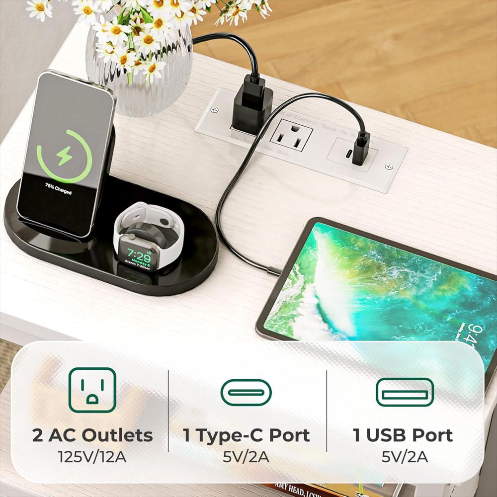 Mesita De Noche Huuger Con Estación De Carga 70 Cm 2 Enchufes Usb Color Blanco img #4