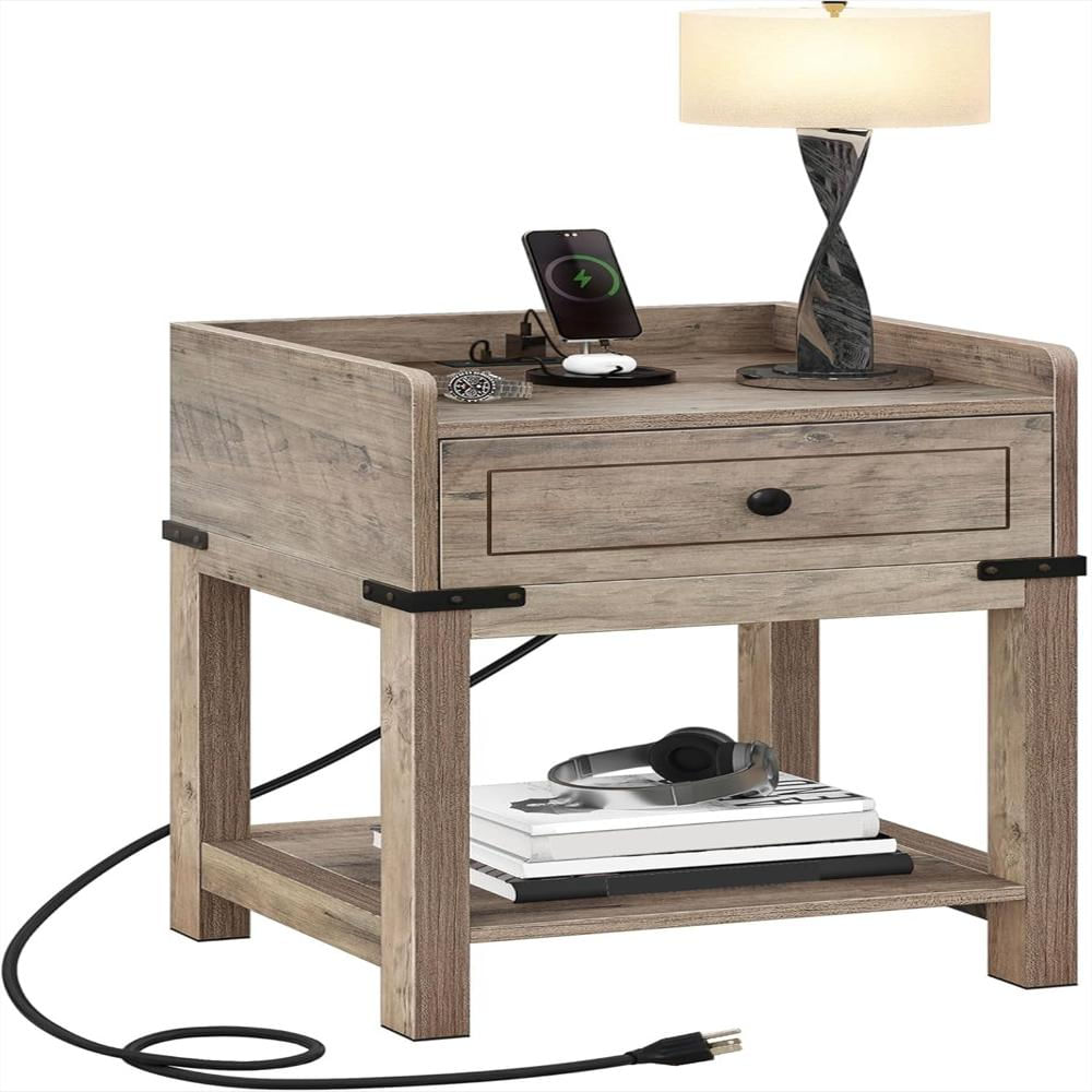 Mesita De Noche Yitahome Con Estación De Carga 2 Puertos Usb Color Gris Estilo Granja img #1