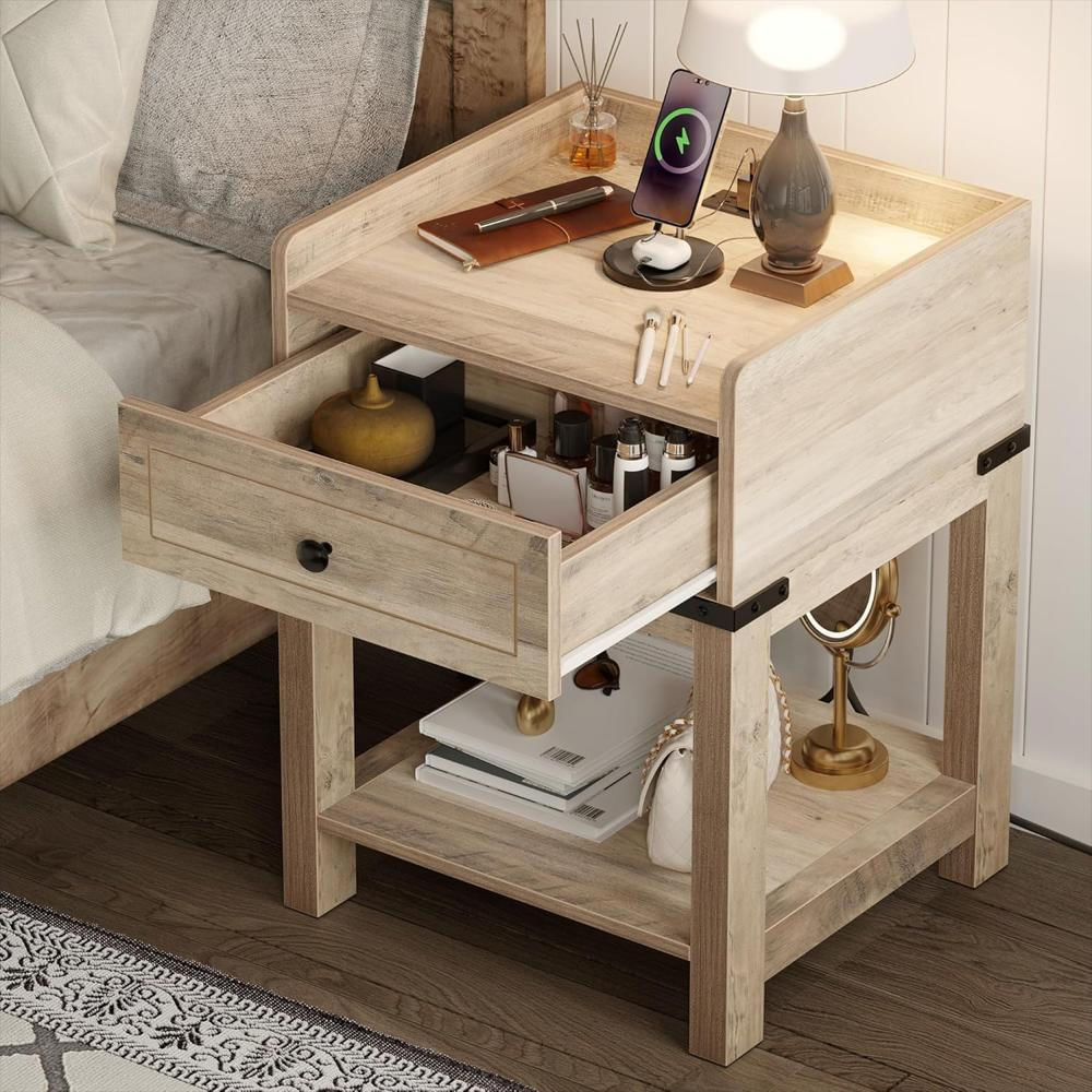 Mesita De Noche Yitahome Con Estación De Carga 2 Puertos Usb Color Gris Estilo Granja img #2