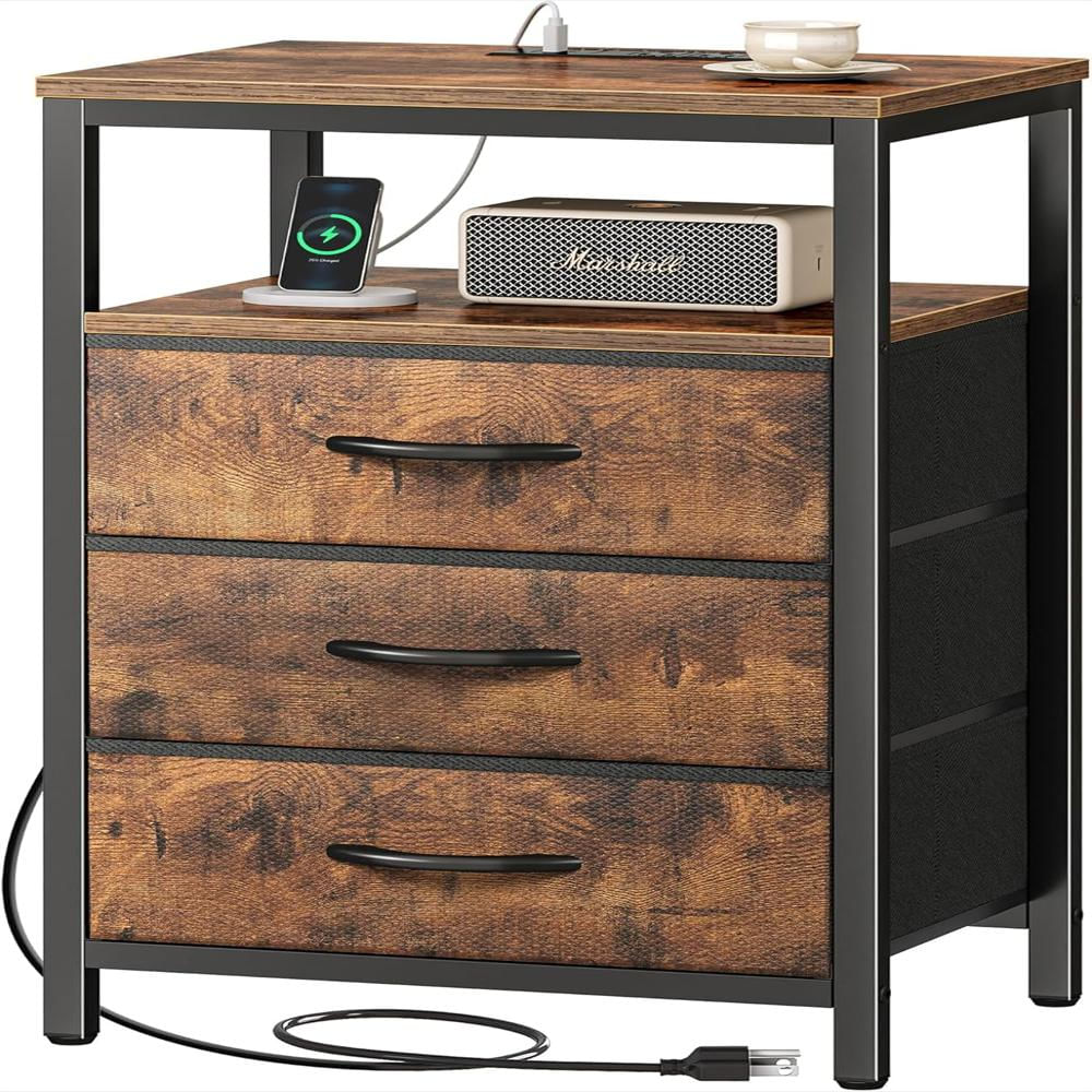 Mesita De Noche Huuger Con Puertos Usb Y Tomas De Corriente 70 Cm Marrón Rústico img #1