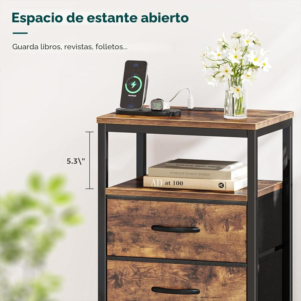 Mesita De Noche Huuger Con Puertos Usb Y Tomas De Corriente 70 Cm Marrón Rústico img #3