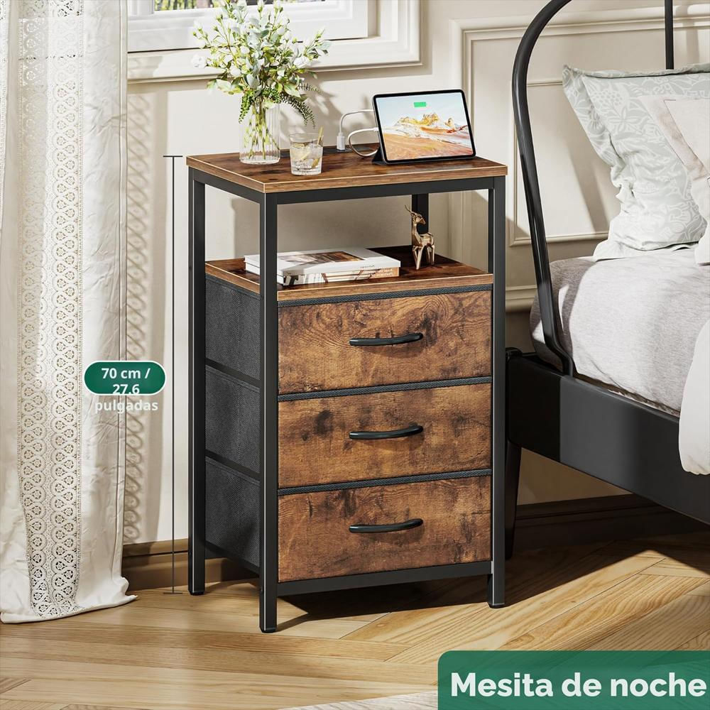 Mesita De Noche Huuger Con Puertos Usb Y Tomas De Corriente 70 Cm Marrón Rústico img #5