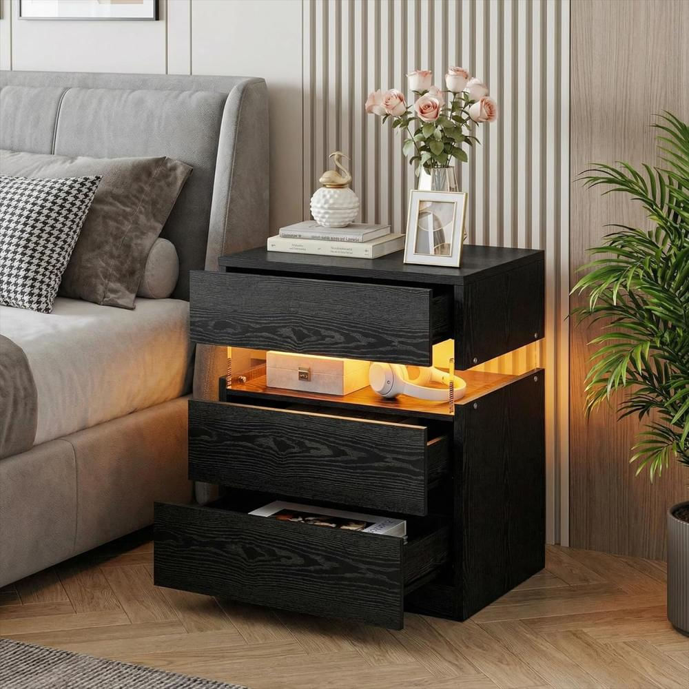 Mesita De Noche Ironck Con Luz Led Rgb 3 Cajones Color Negro img #1