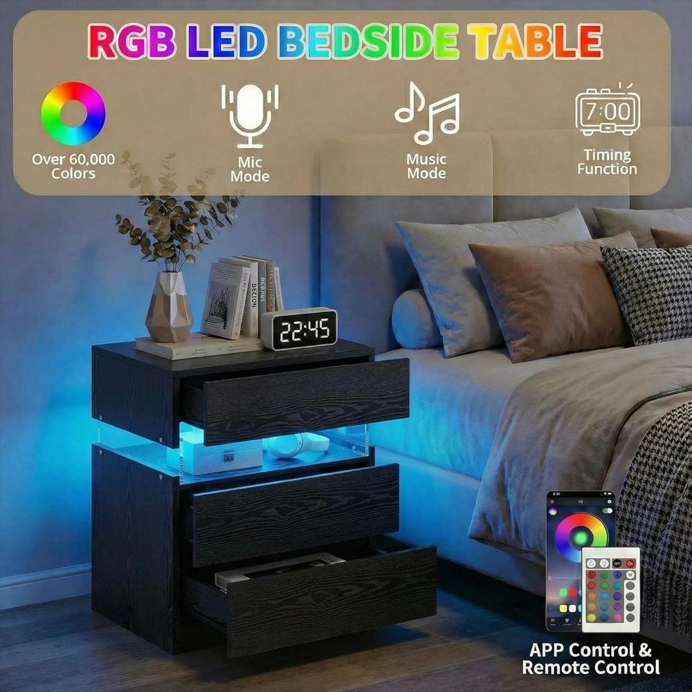 Mesita De Noche Ironck Con Luz Led Rgb 3 Cajones Color Negro img #5