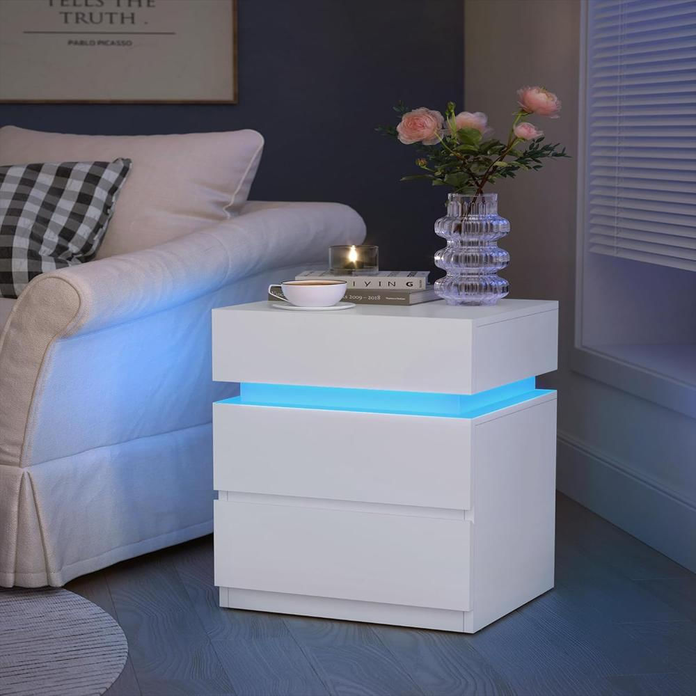 Mesita De Noche Vasagle Con Luces Led 25 Colores 3 Cajones Estilo Moderno Color Blanco Nube img #2