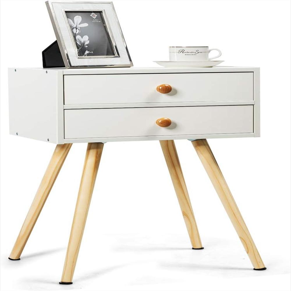 Mesita De Noche Costway Madera Maciza 2 Cajones Color Blanco Compacta img #1