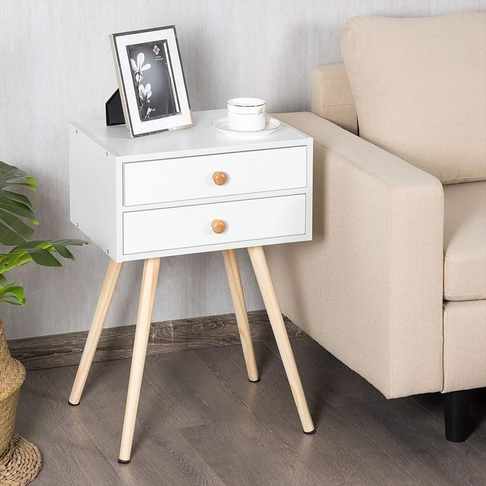Mesita De Noche Costway Madera Maciza 2 Cajones Color Blanco Compacta img #2