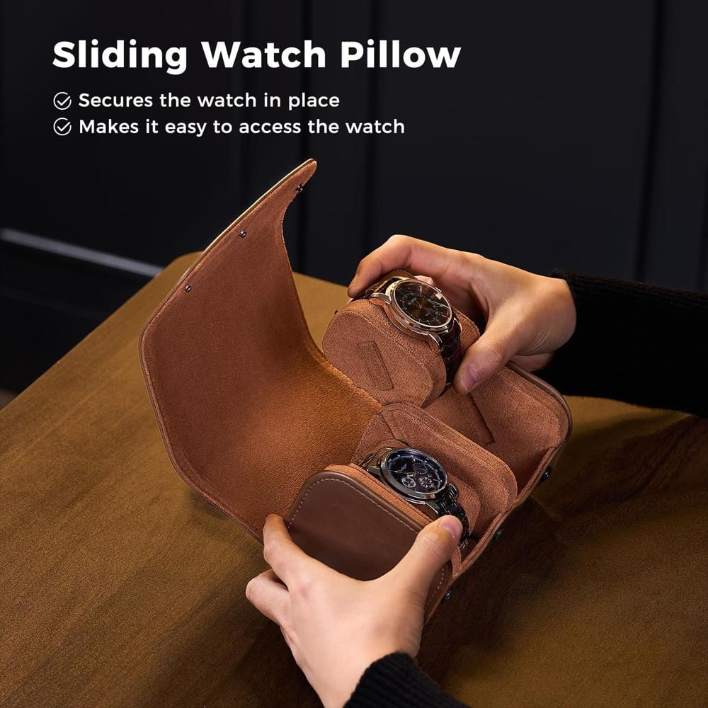 Estuche De Viaje Procase Para 2 Relojes De Cuero Pu Marrón img #3