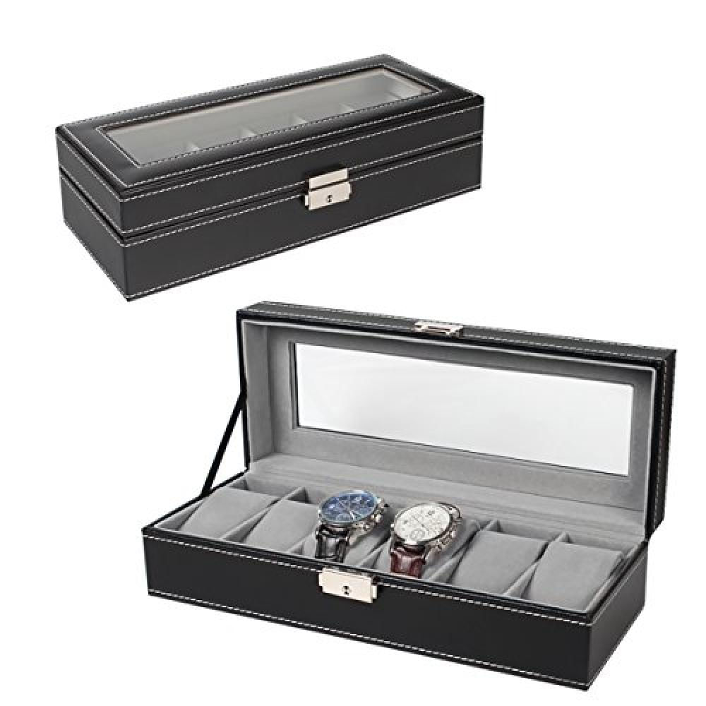 Caja Organizadora De Joyería Y Relojes Nex Fba_B01gro1p60 Con 6 Espacios En Cristal Y Cuero img #2
