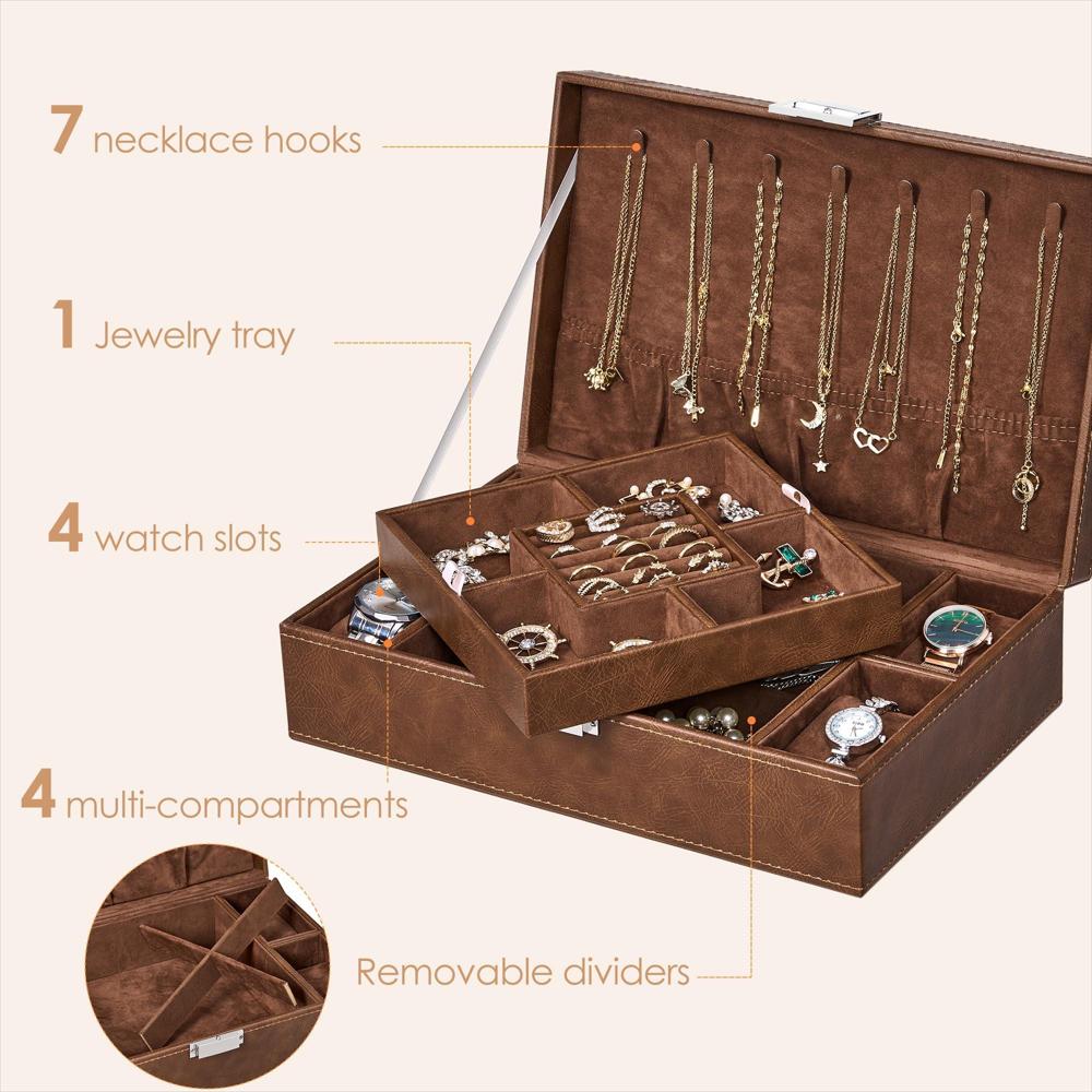 Joyero Organizador Bewishome Para 4 Relojes Y Joyas Marrón img #5