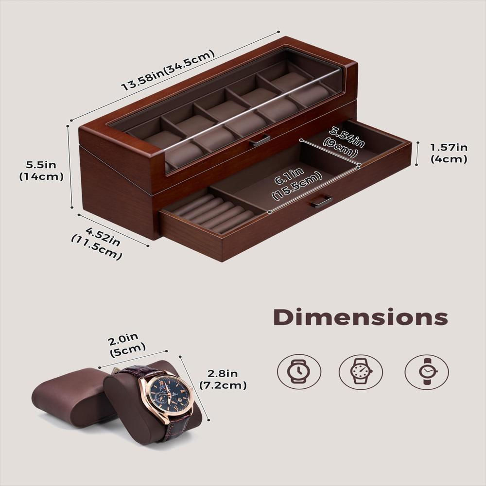 Caja Organizadora Procase De Madera Nogal Para 6 Relojes Con Cajón img #3