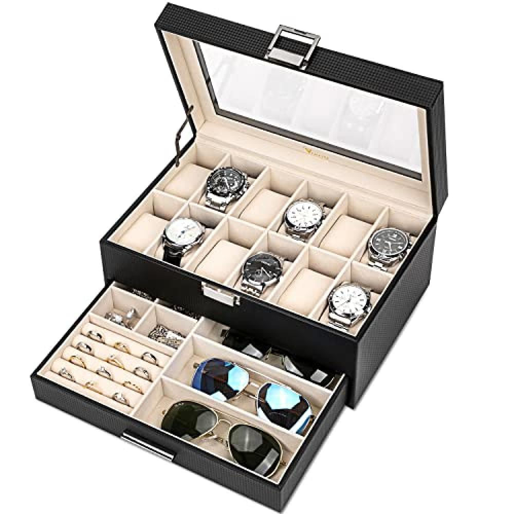 Caja Organizadora De Relojes Voova Con 12 Ranuras 2 Niveles En Material Sintético Color Negro Y Parte Superior img #1