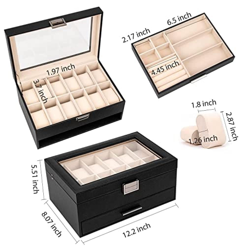Caja Organizadora De Relojes Voova Con 12 Ranuras 2 Niveles En Material Sintético Color Negro Y Parte Superior img #2