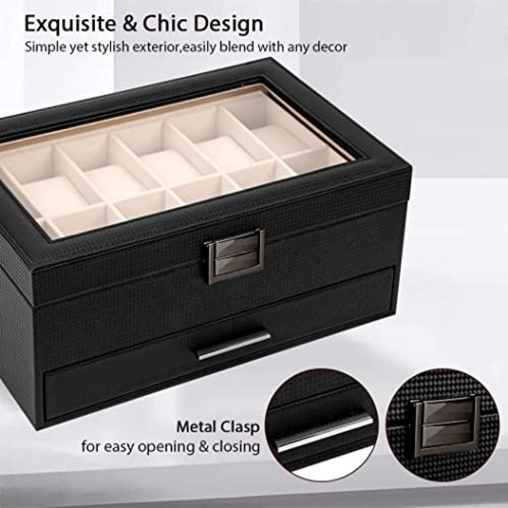 Caja Organizadora De Relojes Voova Con 12 Ranuras 2 Niveles En Material Sintético Color Negro Y Parte Superior img #3