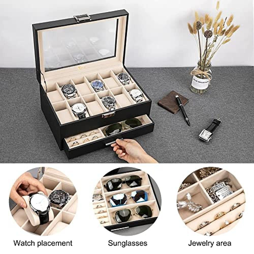 Caja Organizadora De Relojes Voova Con 12 Ranuras 2 Niveles En Material Sintético Color Negro Y Parte Superior img #4