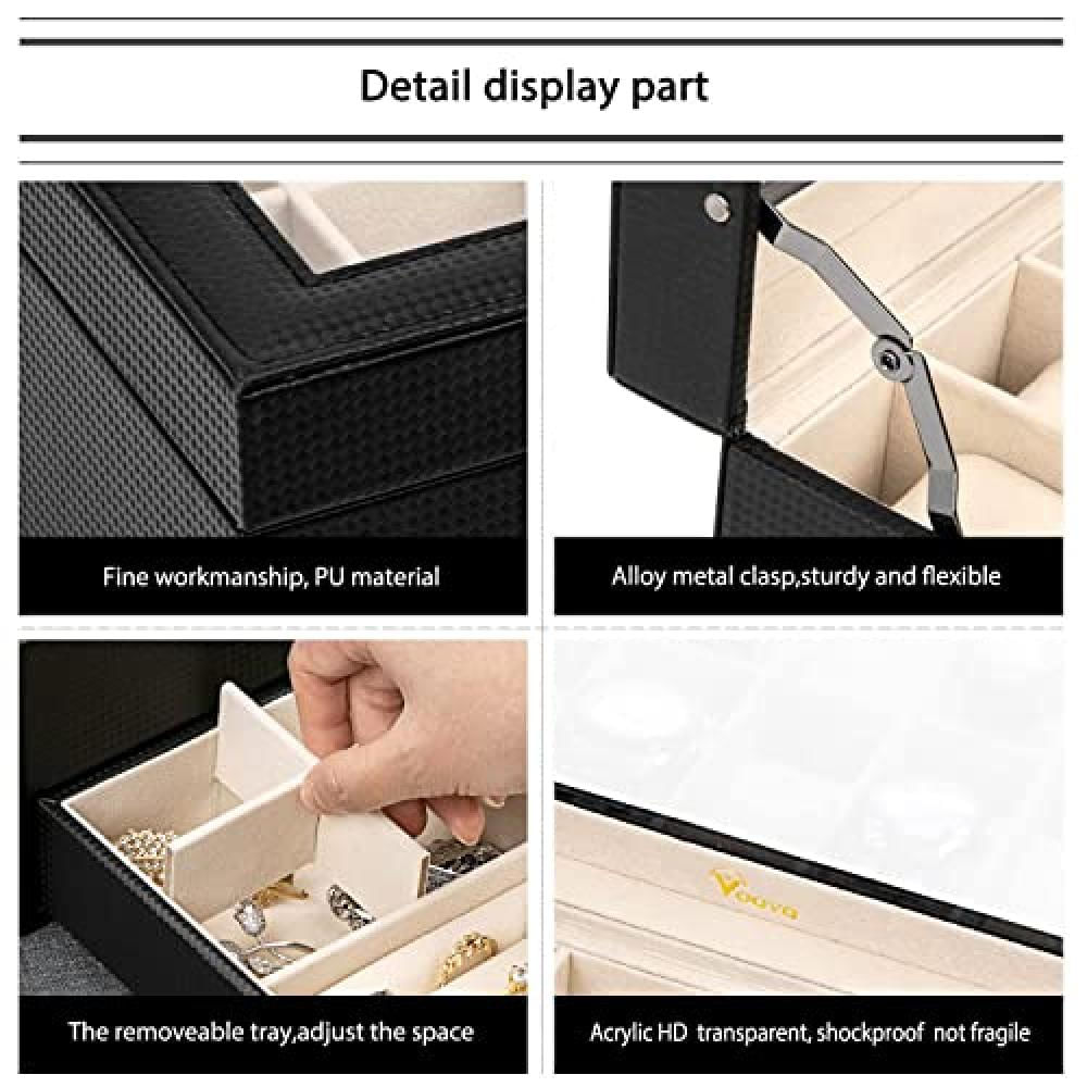 Caja Organizadora De Relojes Voova Con 12 Ranuras 2 Niveles En Material Sintético Color Negro Y Parte Superior img #5