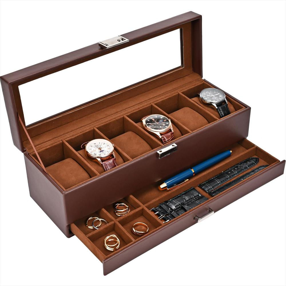 Caja Organizadora De Reloj Procase De 6 Ranuras Con Cajón Con Tapa De img #1