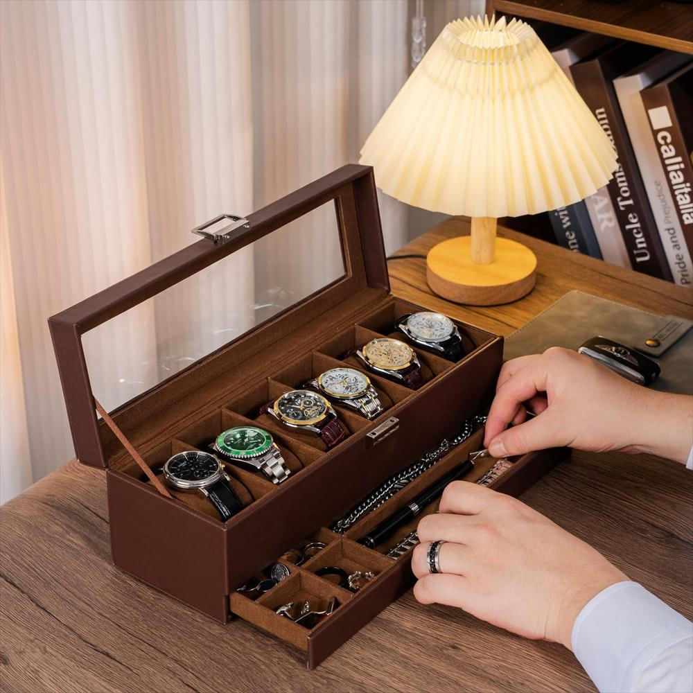 Caja Organizadora De Reloj Procase De 6 Ranuras Con Cajón Con Tapa De img #5