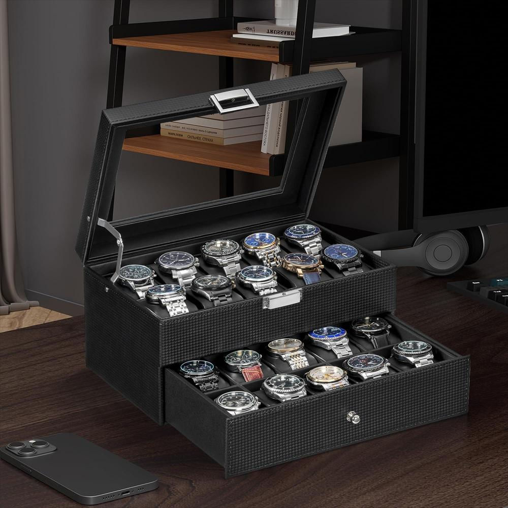 Caja Organizadora Bewishome Para 20 Relojes Con Tapa De Vidrio img #3
