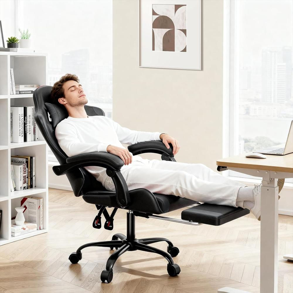 Silla Gamer Monibloom Ergonomica Cuero Ajustable Reposapiés Soporte Lumbar Color Negro img #4