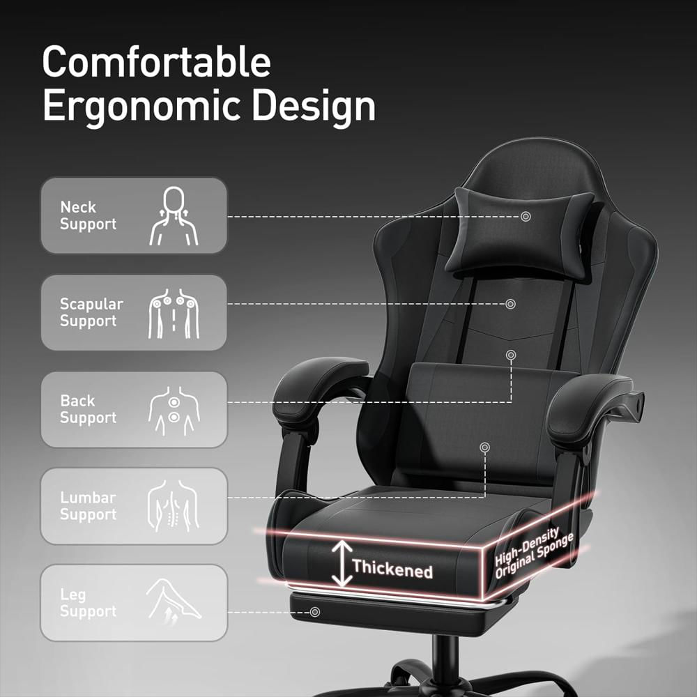 Silla Gamer Monibloom Ergonomica Cuero Ajustable Reposapiés Soporte Lumbar Color Negro img #5